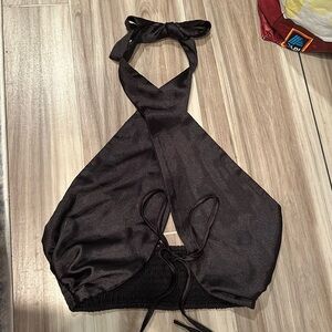 Crisscross Tie Front Twist Satin Halter Top